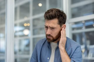 young man holding ear with a worried look on his face
